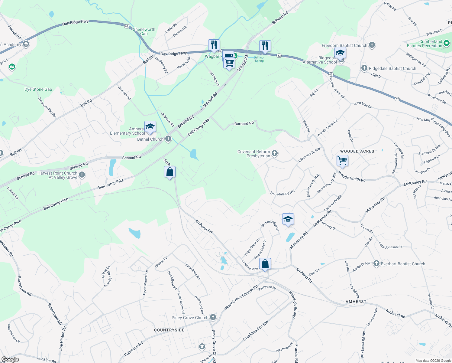 map of restaurants, bars, coffee shops, grocery stores, and more near 2901 Bradley Lake Lane Northwest in Knoxville