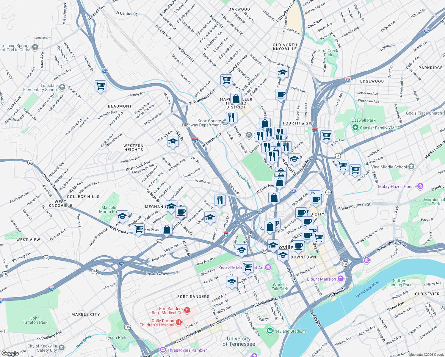 map of restaurants, bars, coffee shops, grocery stores, and more near Interstate 275 in Knoxville