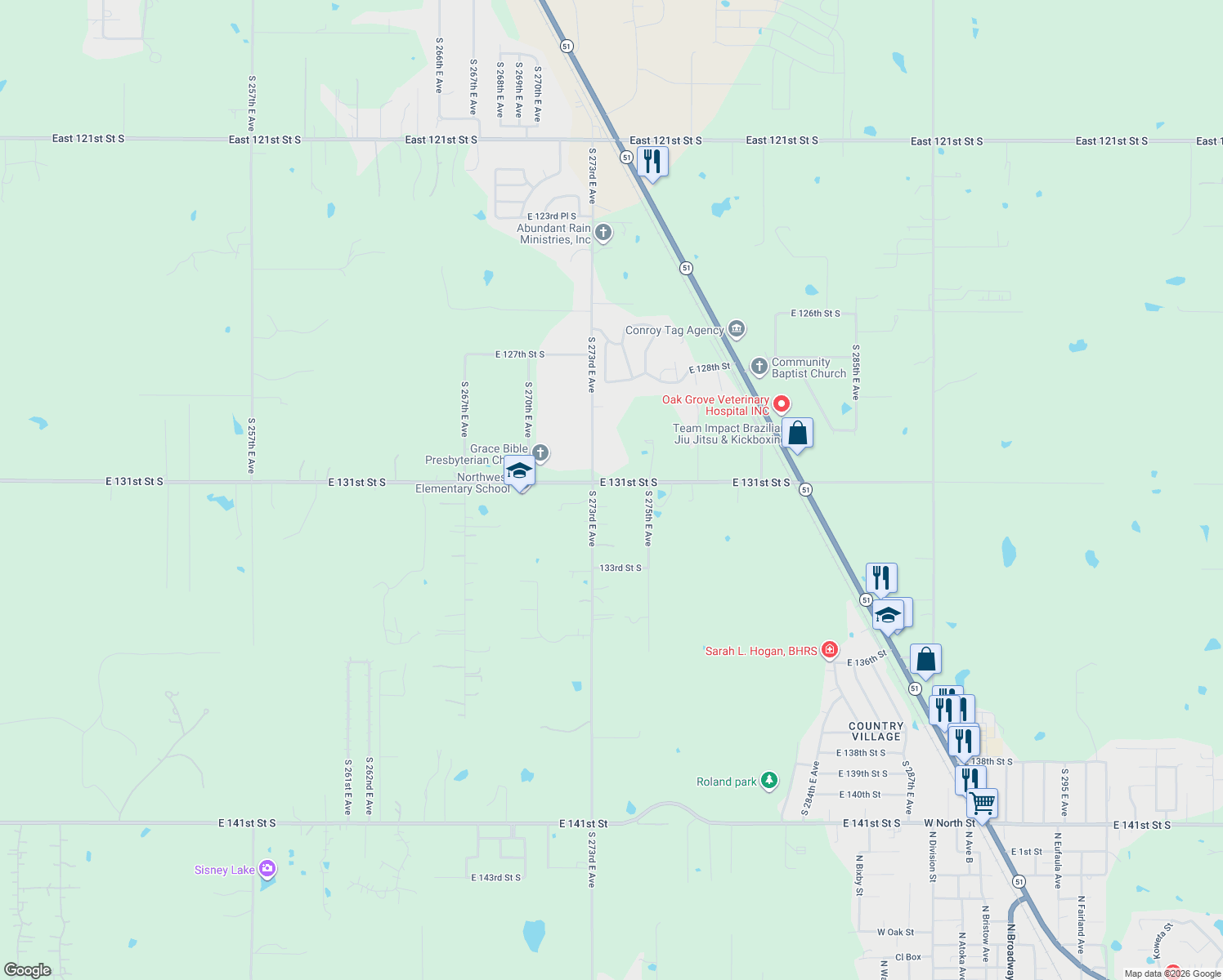 map of restaurants, bars, coffee shops, grocery stores, and more near 27372 E 131st Street South in Coweta