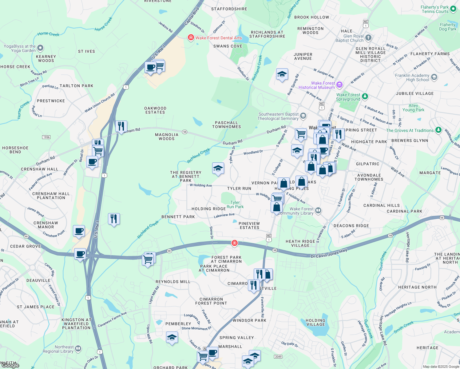 map of restaurants, bars, coffee shops, grocery stores, and more near 504 West Holding Avenue in Wake Forest