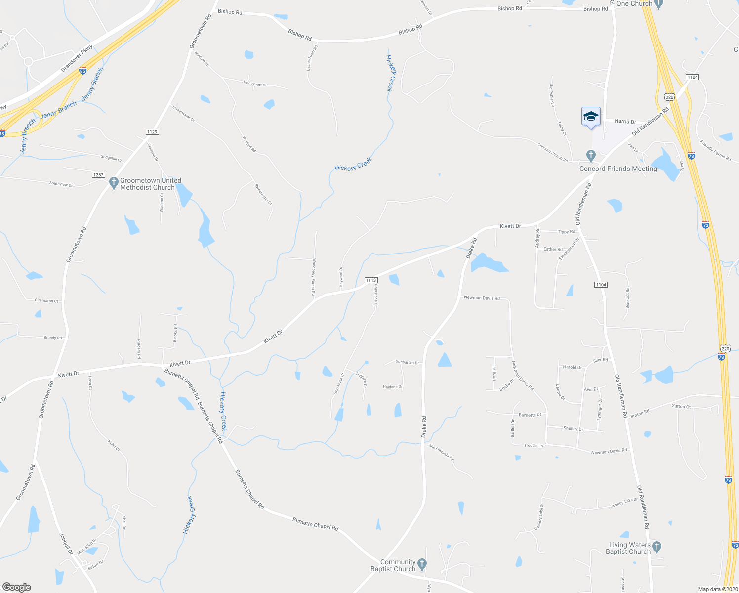 map of restaurants, bars, coffee shops, grocery stores, and more near 5410 Graystone Court in Greensboro