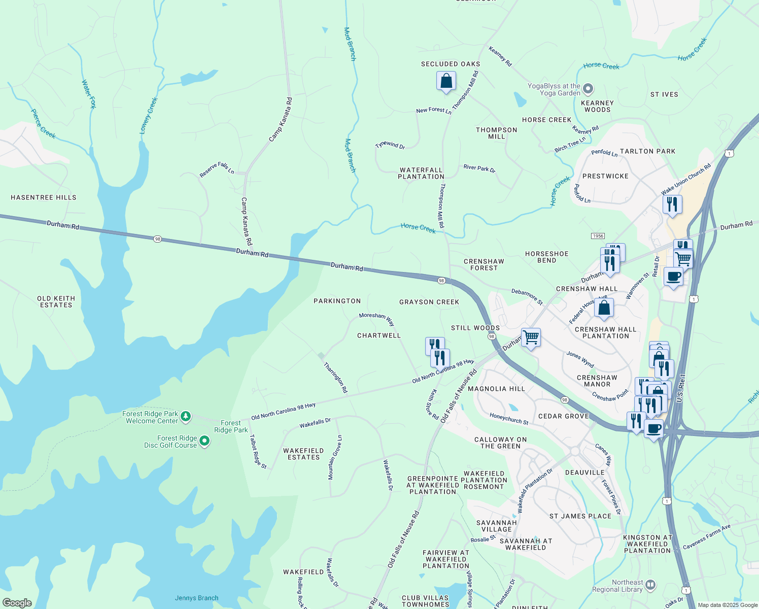 map of restaurants, bars, coffee shops, grocery stores, and more near 7001 Moresham Way in Wake Forest