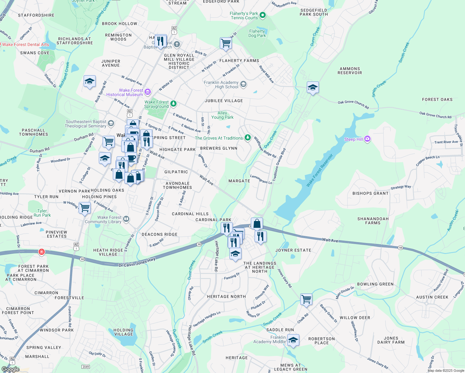 map of restaurants, bars, coffee shops, grocery stores, and more near 908 Havisham Court in Wake Forest