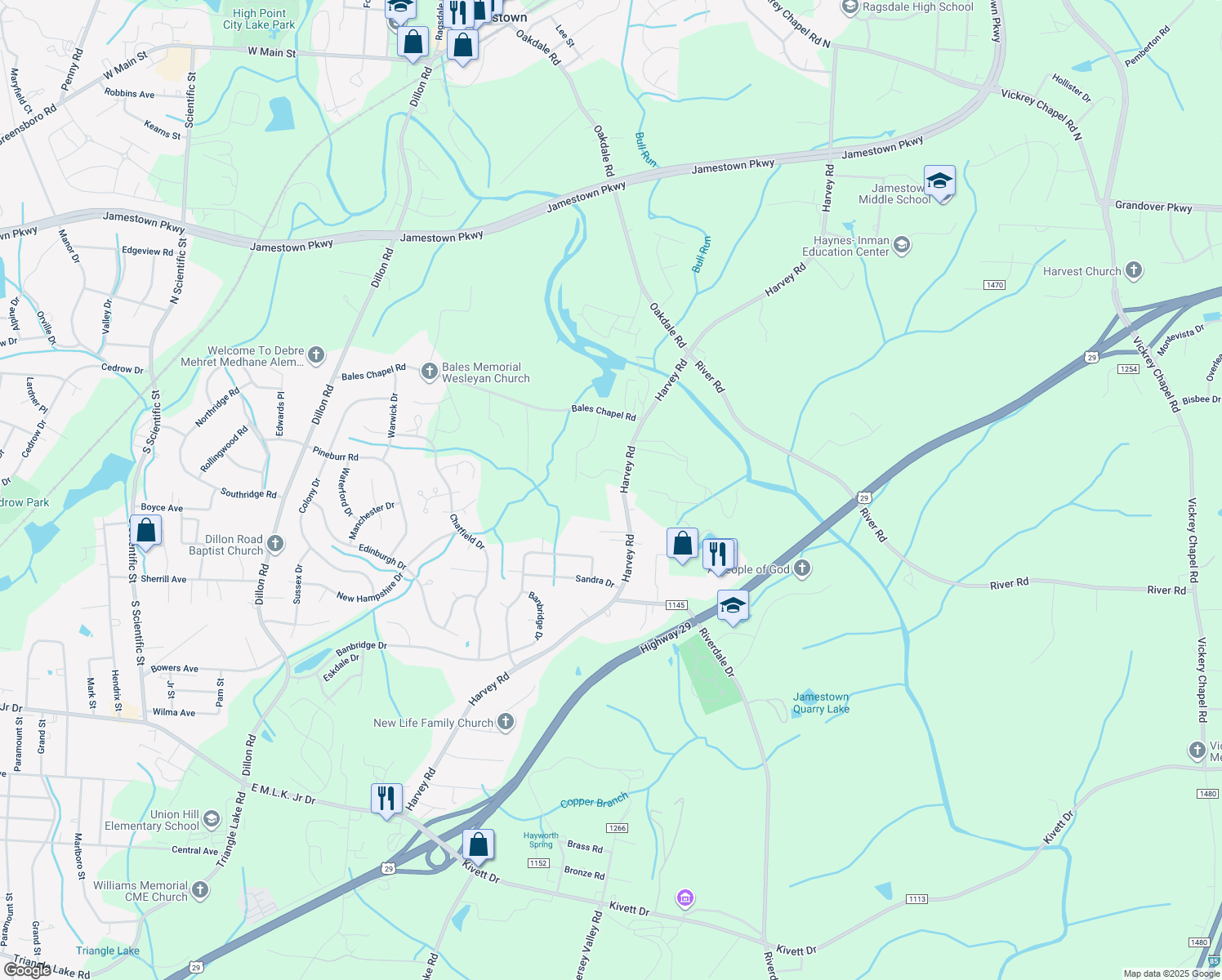 map of restaurants, bars, coffee shops, grocery stores, and more near 5018 Harvey Road in Jamestown