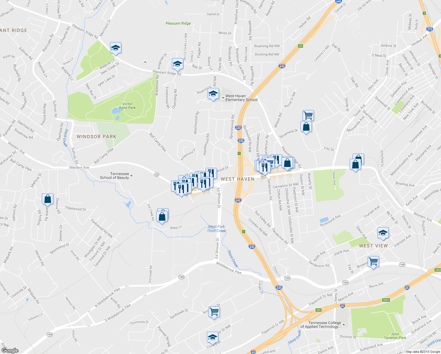 map of restaurants, bars, coffee shops, grocery stores, and more near 4317 Ball Camp Pike in Knoxville