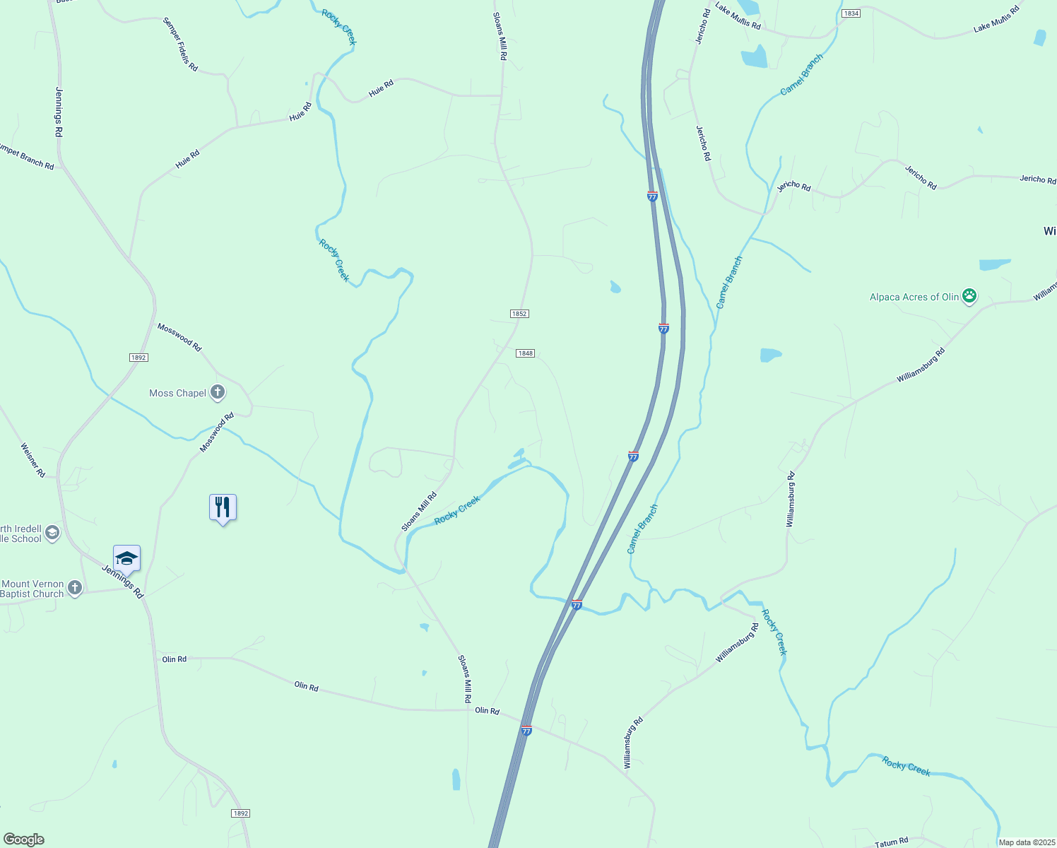 map of restaurants, bars, coffee shops, grocery stores, and more near 178 Leota Lane in Olin