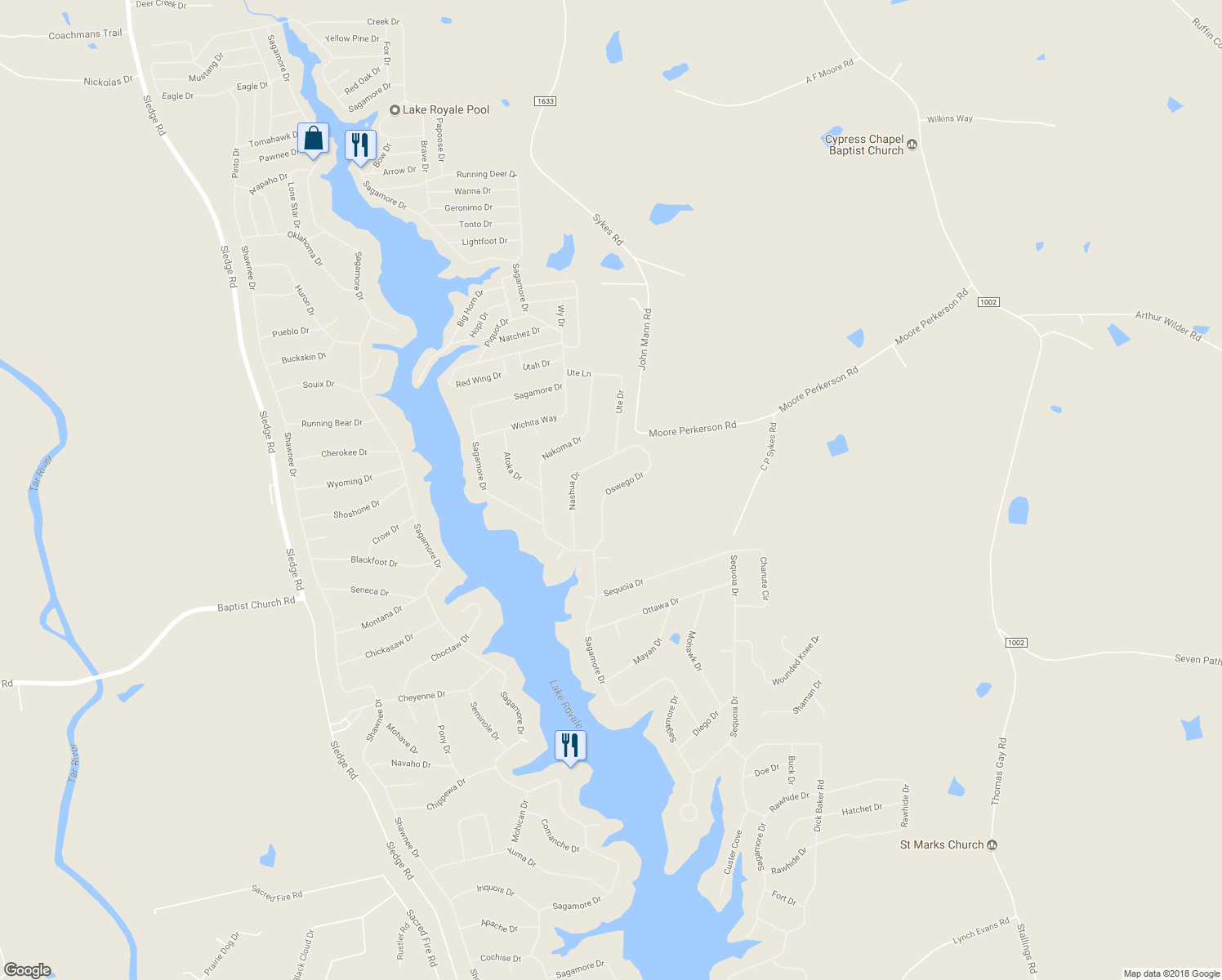 map of restaurants, bars, coffee shops, grocery stores, and more near 141 Oswego Drive in Louisburg