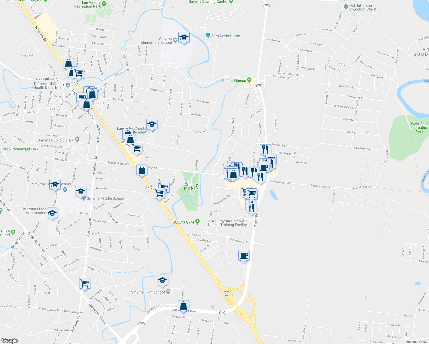 map of restaurants, bars, coffee shops, grocery stores, and more near 401 Enon Springs Road East in Smyrna