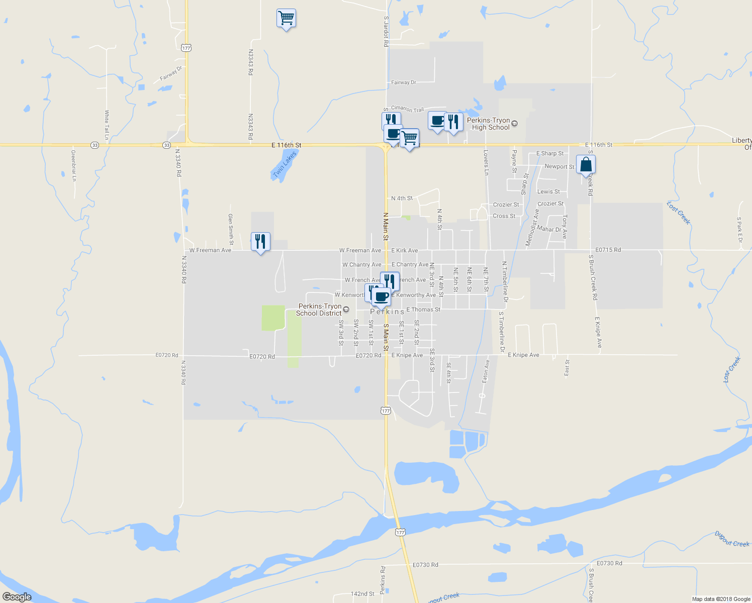 map of restaurants, bars, coffee shops, grocery stores, and more near 118 Northwest 1st Street in Perkins