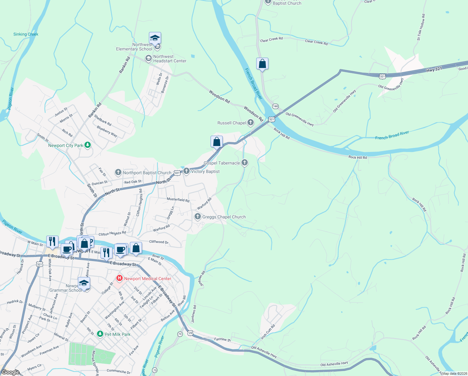 map of restaurants, bars, coffee shops, grocery stores, and more near 779 Warford Road in Newport