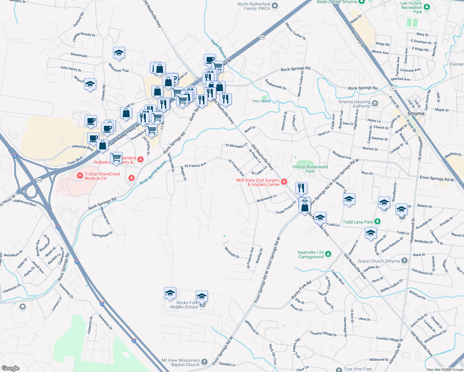 map of restaurants, bars, coffee shops, grocery stores, and more near 606 Cedar Crest Ct in Smyrna