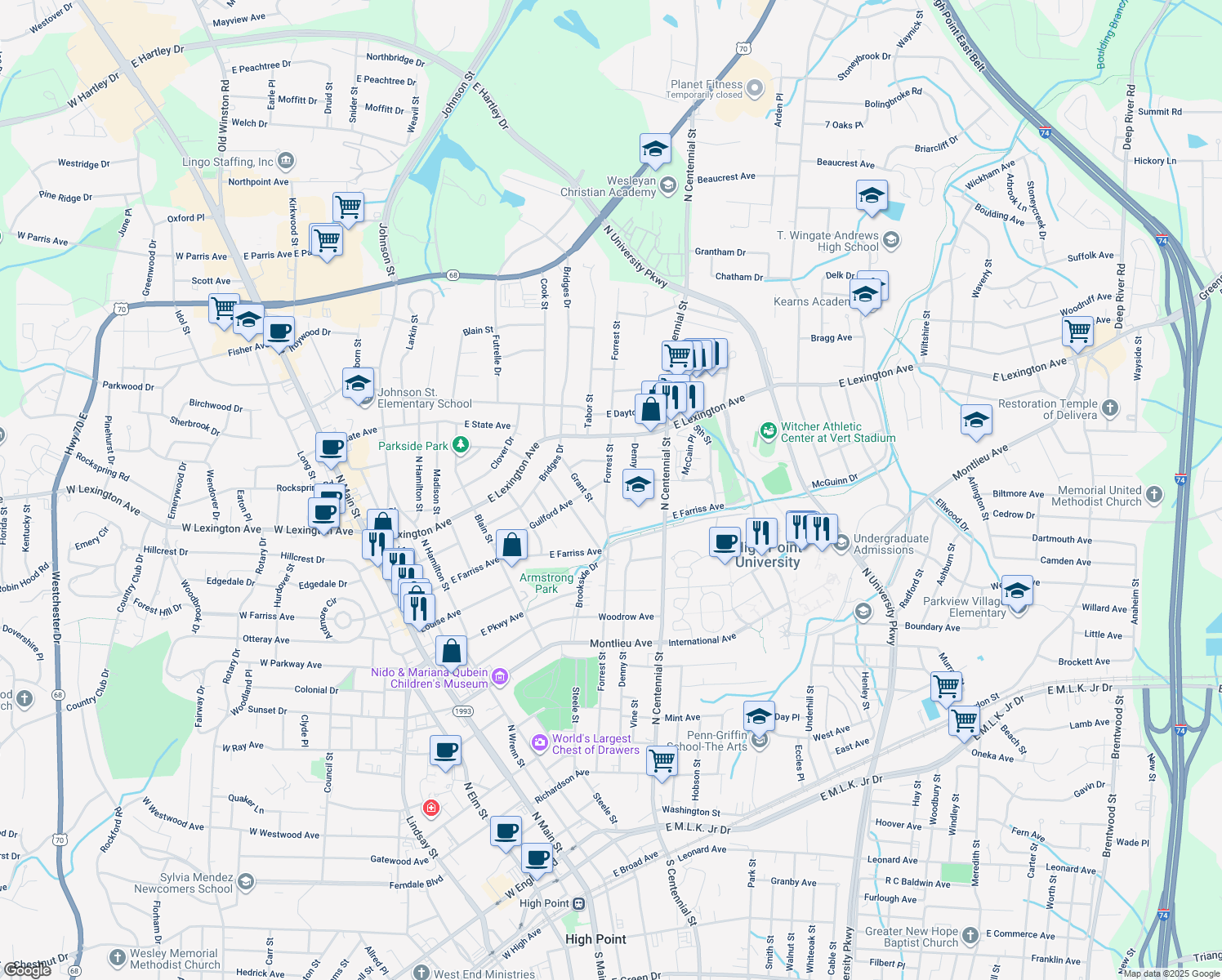 map of restaurants, bars, coffee shops, grocery stores, and more near 918 Forrest Street in High Point