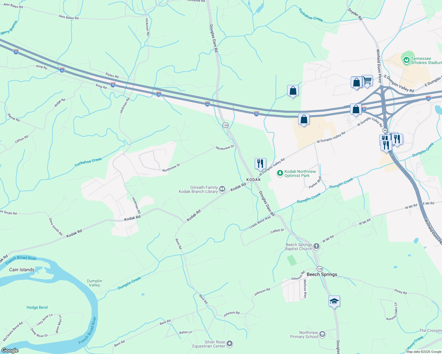 map of restaurants, bars, coffee shops, grocery stores, and more near 446 Kodak Road in Kodak