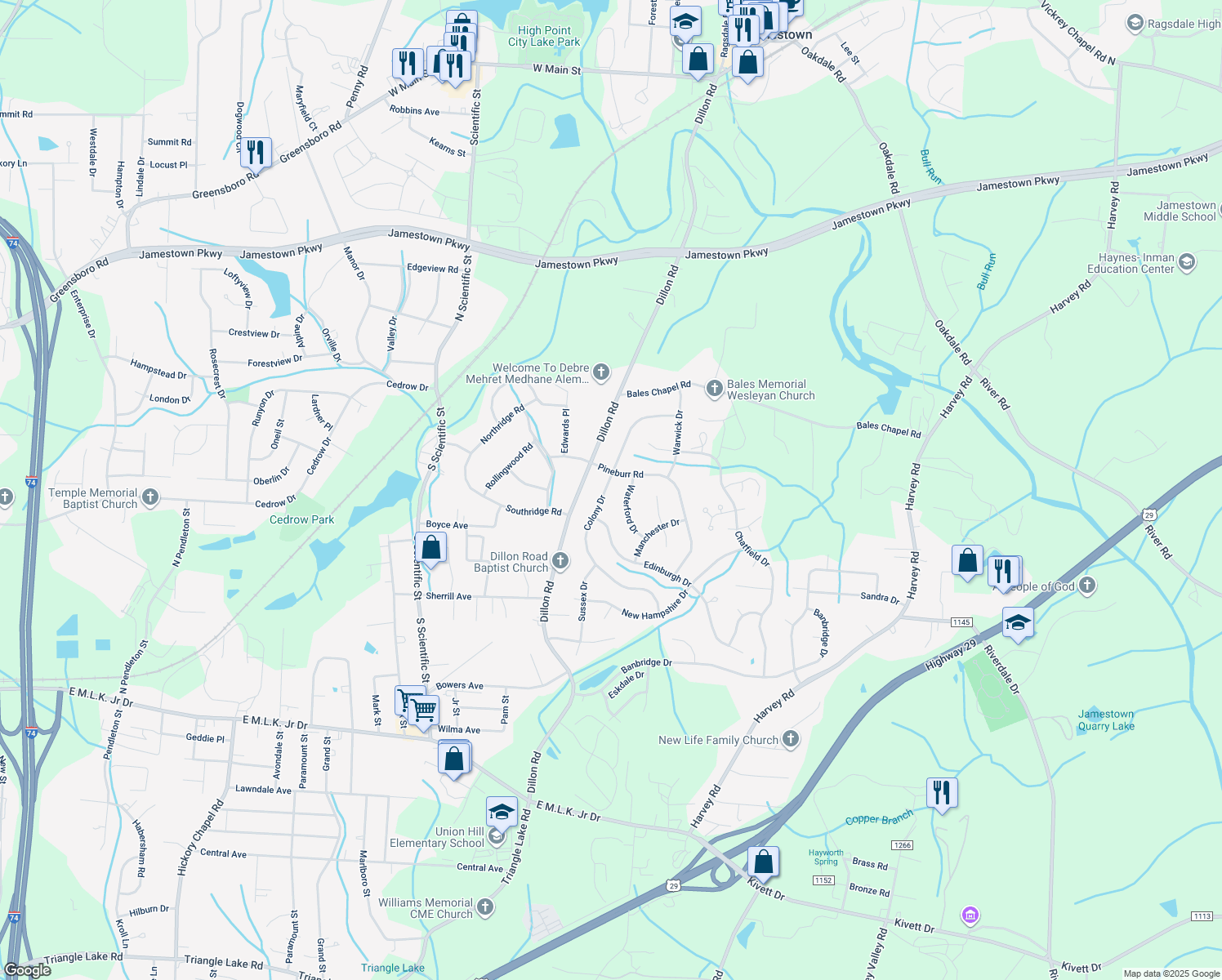 map of restaurants, bars, coffee shops, grocery stores, and more near 3212 Colony Drive in Jamestown