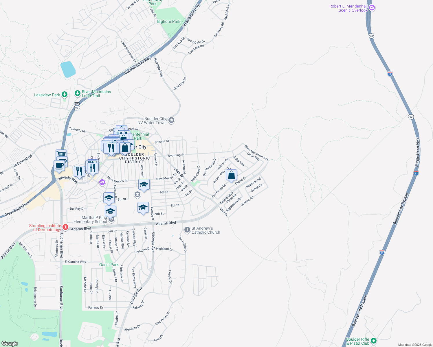 map of restaurants, bars, coffee shops, grocery stores, and more near 645 Paloma Drive in Boulder City