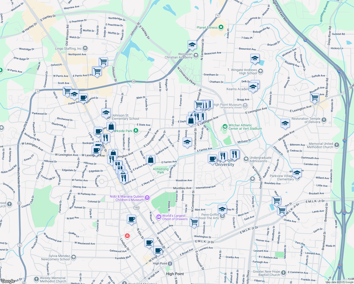 map of restaurants, bars, coffee shops, grocery stores, and more near 921 Forrest Street in High Point