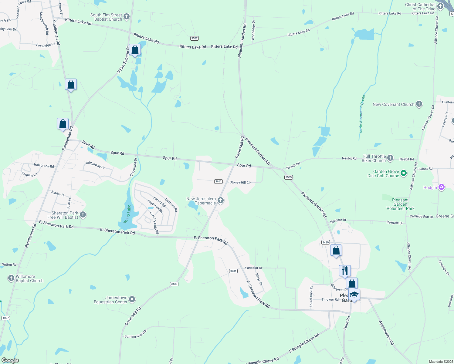 map of restaurants, bars, coffee shops, grocery stores, and more near 5305 Davis Mill Road in Greensboro