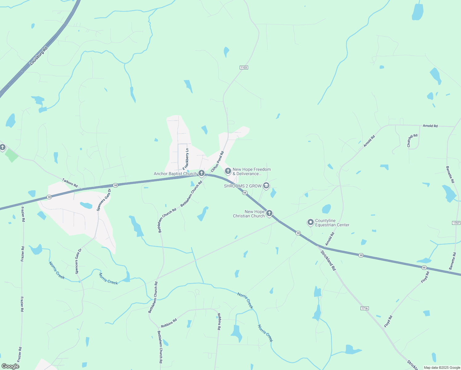 map of restaurants, bars, coffee shops, grocery stores, and more near 2993 North Carolina 98 in Louisburg
