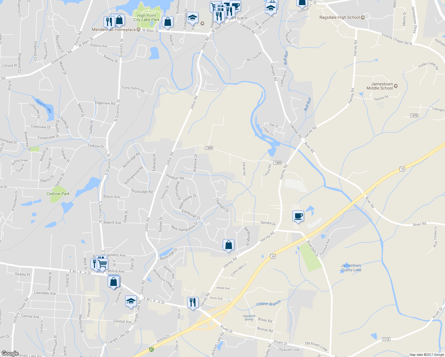 map of restaurants, bars, coffee shops, grocery stores, and more near 4019 Sherry Court in Jamestown
