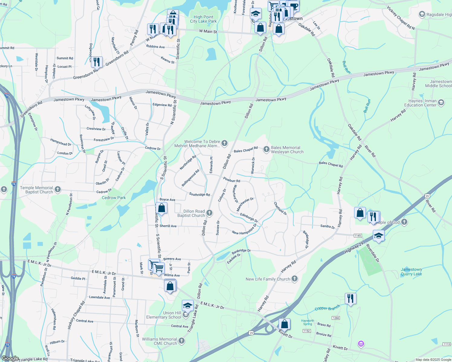 map of restaurants, bars, coffee shops, grocery stores, and more near 3215 Colony Drive in Jamestown