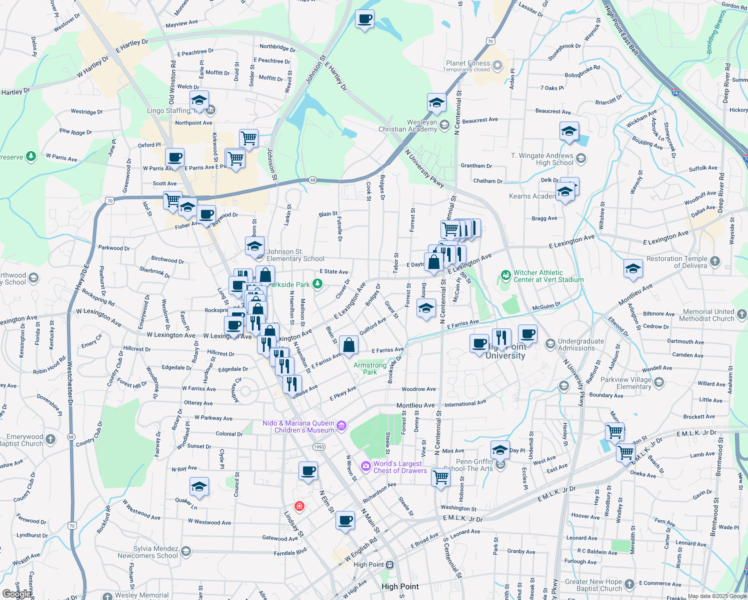 map of restaurants, bars, coffee shops, grocery stores, and more near 718 Bridges Drive in High Point