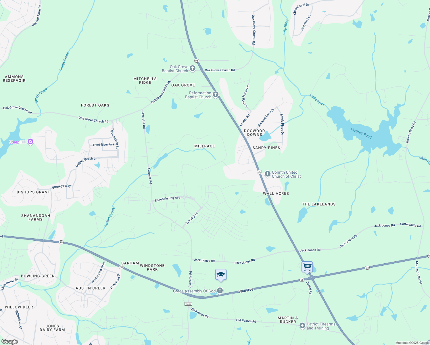 map of restaurants, bars, coffee shops, grocery stores, and more near 5333 Mill Dam Road in Wake Forest