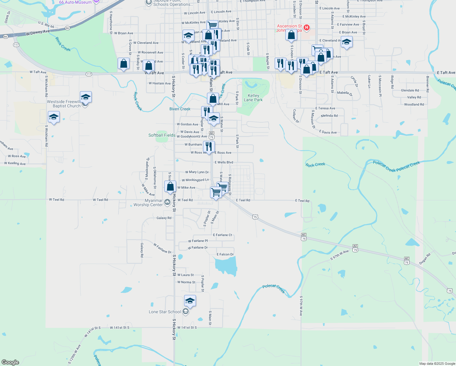 map of restaurants, bars, coffee shops, grocery stores, and more near 1906 South Ridgeway Street in Sapulpa
