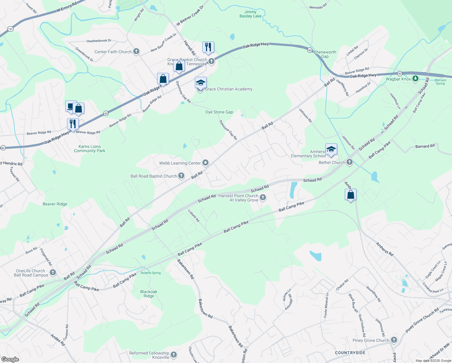 map of restaurants, bars, coffee shops, grocery stores, and more near 3204 Red Meadow Road in Knoxville