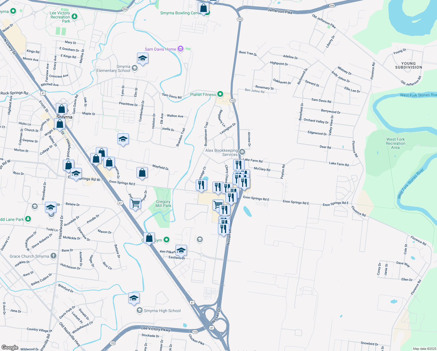 map of restaurants, bars, coffee shops, grocery stores, and more near 107 North Hampton Court in Smyrna