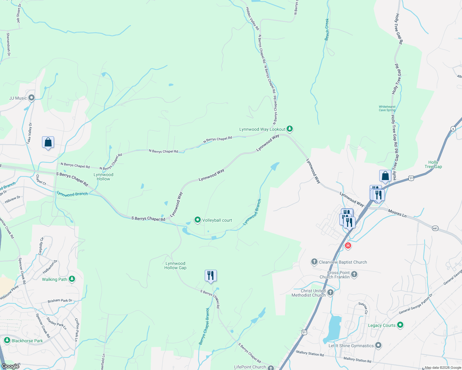 map of restaurants, bars, coffee shops, grocery stores, and more near 3030 Smith Lane in Franklin