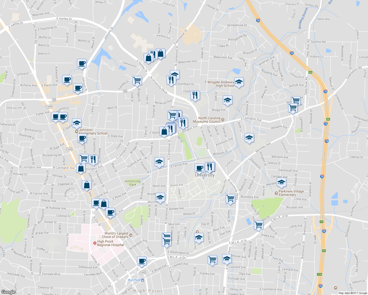 map of restaurants, bars, coffee shops, grocery stores, and more near 1206 5th Street in High Point