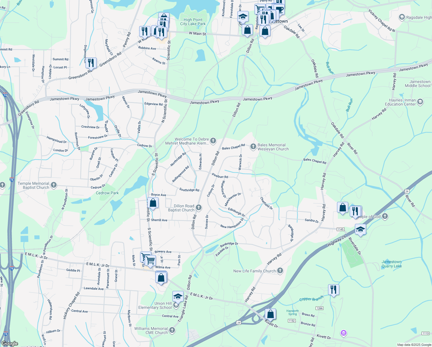 map of restaurants, bars, coffee shops, grocery stores, and more near 3301 Colony Dr in Jamestown