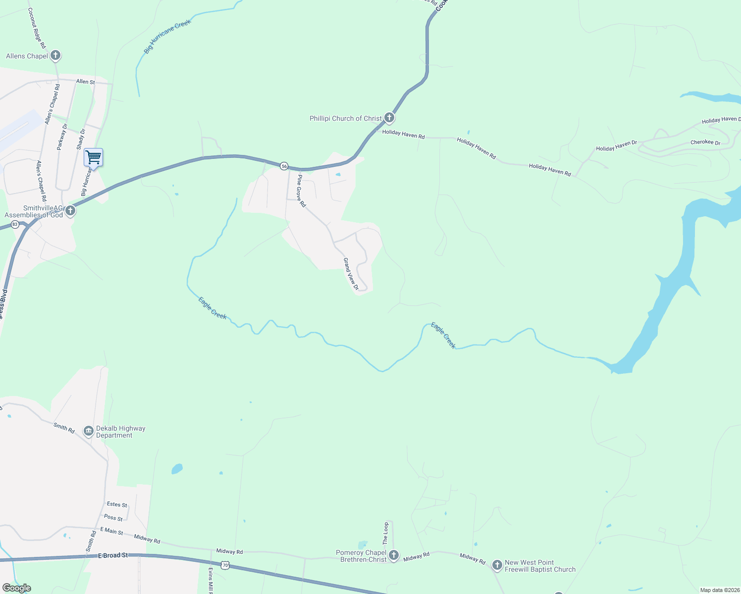 map of restaurants, bars, coffee shops, grocery stores, and more near 312 Grand View Drive in Smithville