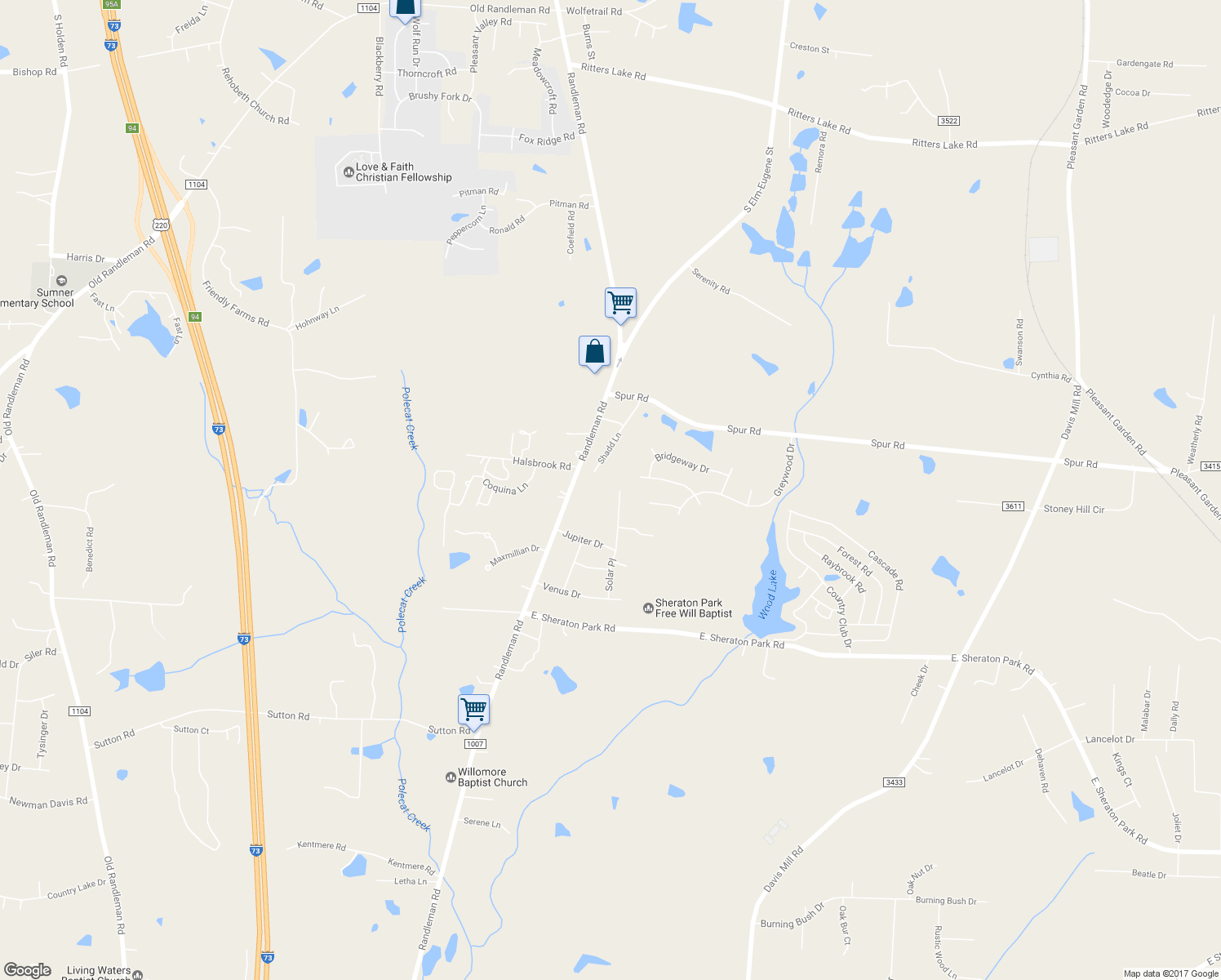 map of restaurants, bars, coffee shops, grocery stores, and more near 5300 Solar Place in Greensboro