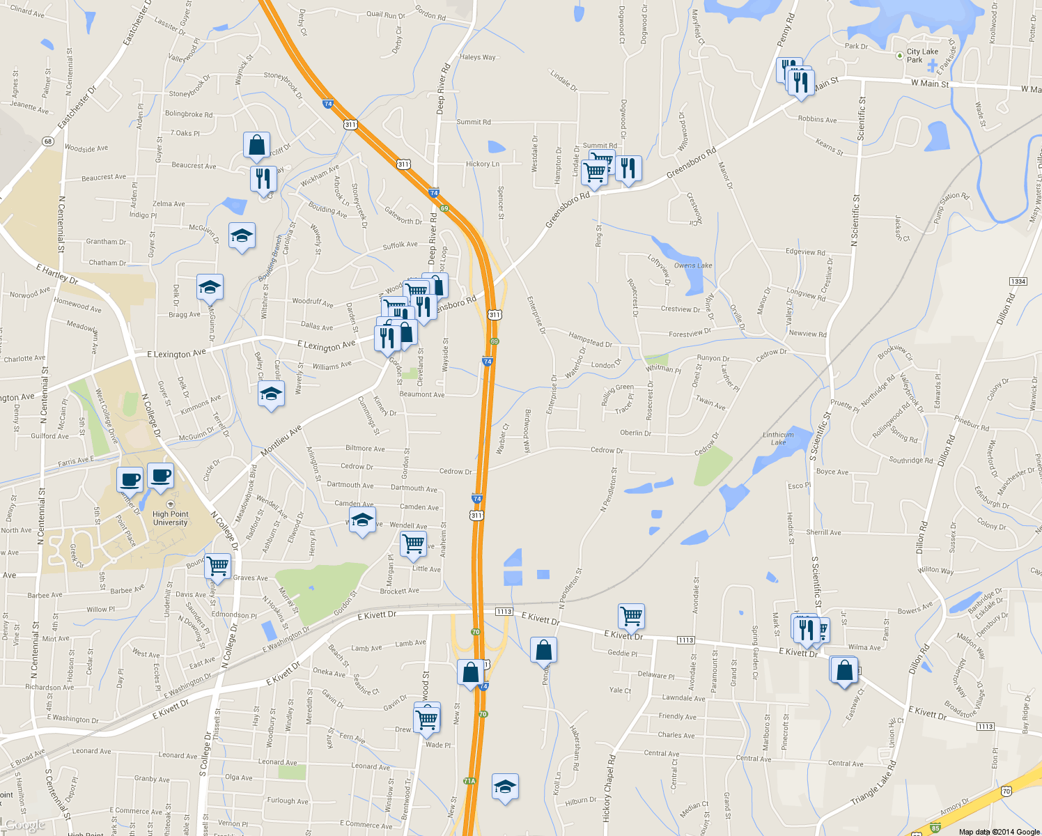 map of restaurants, bars, coffee shops, grocery stores, and more near 607 Birdwood Way in High Point