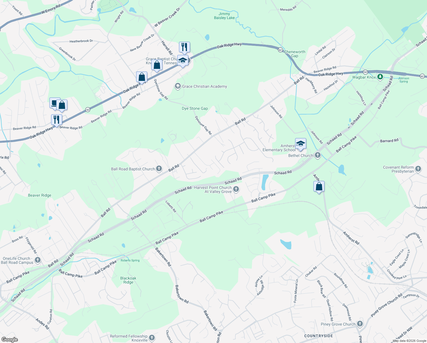 map of restaurants, bars, coffee shops, grocery stores, and more near 3201 Gaslight Lane in Knoxville
