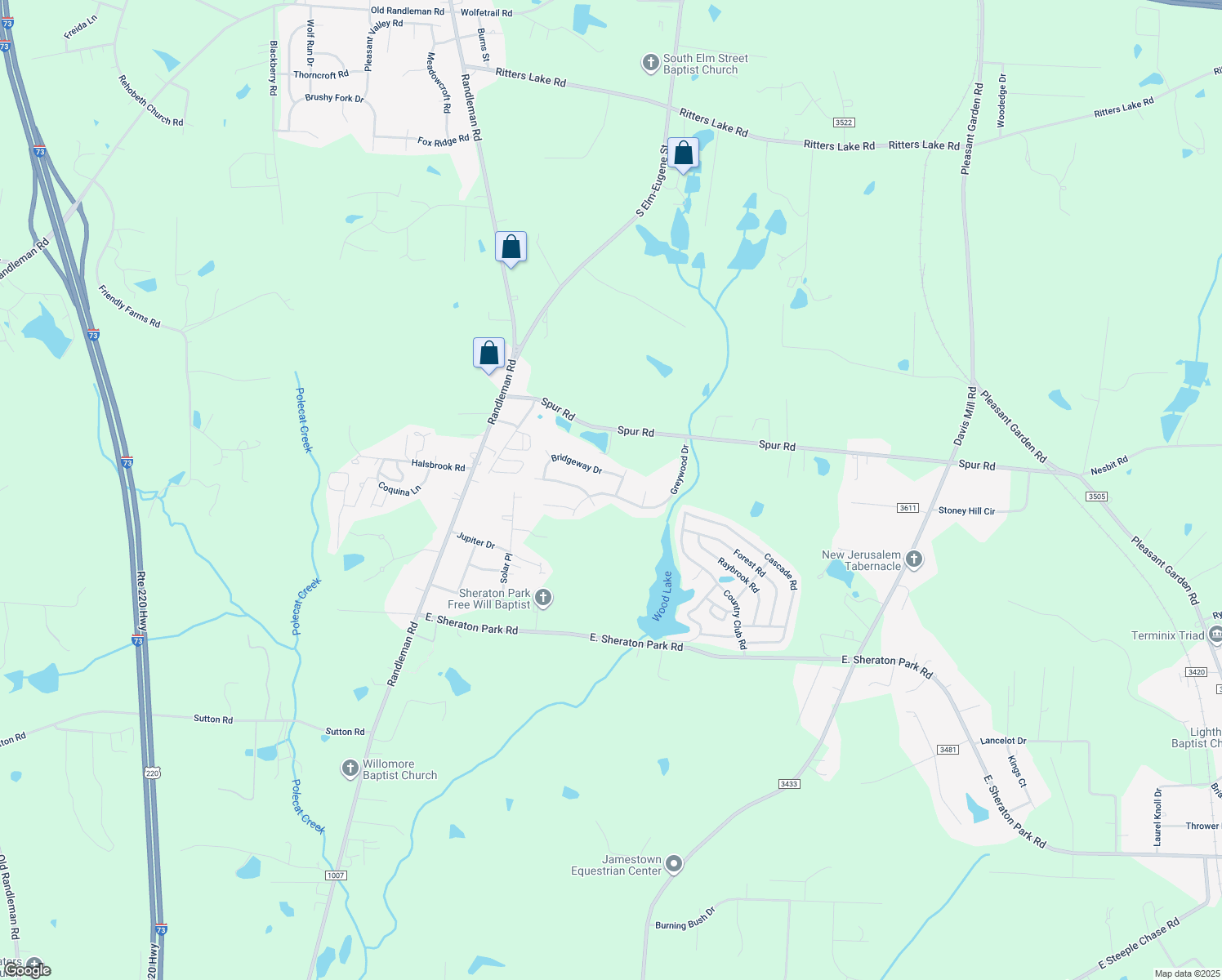 map of restaurants, bars, coffee shops, grocery stores, and more near 5206 Greybark Drive in Greensboro