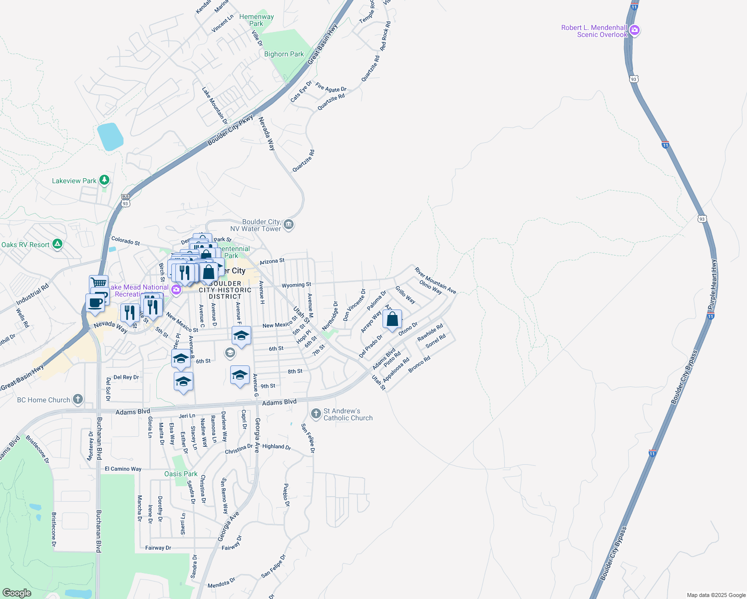 map of restaurants, bars, coffee shops, grocery stores, and more near 632 Paloma Drive in Boulder City