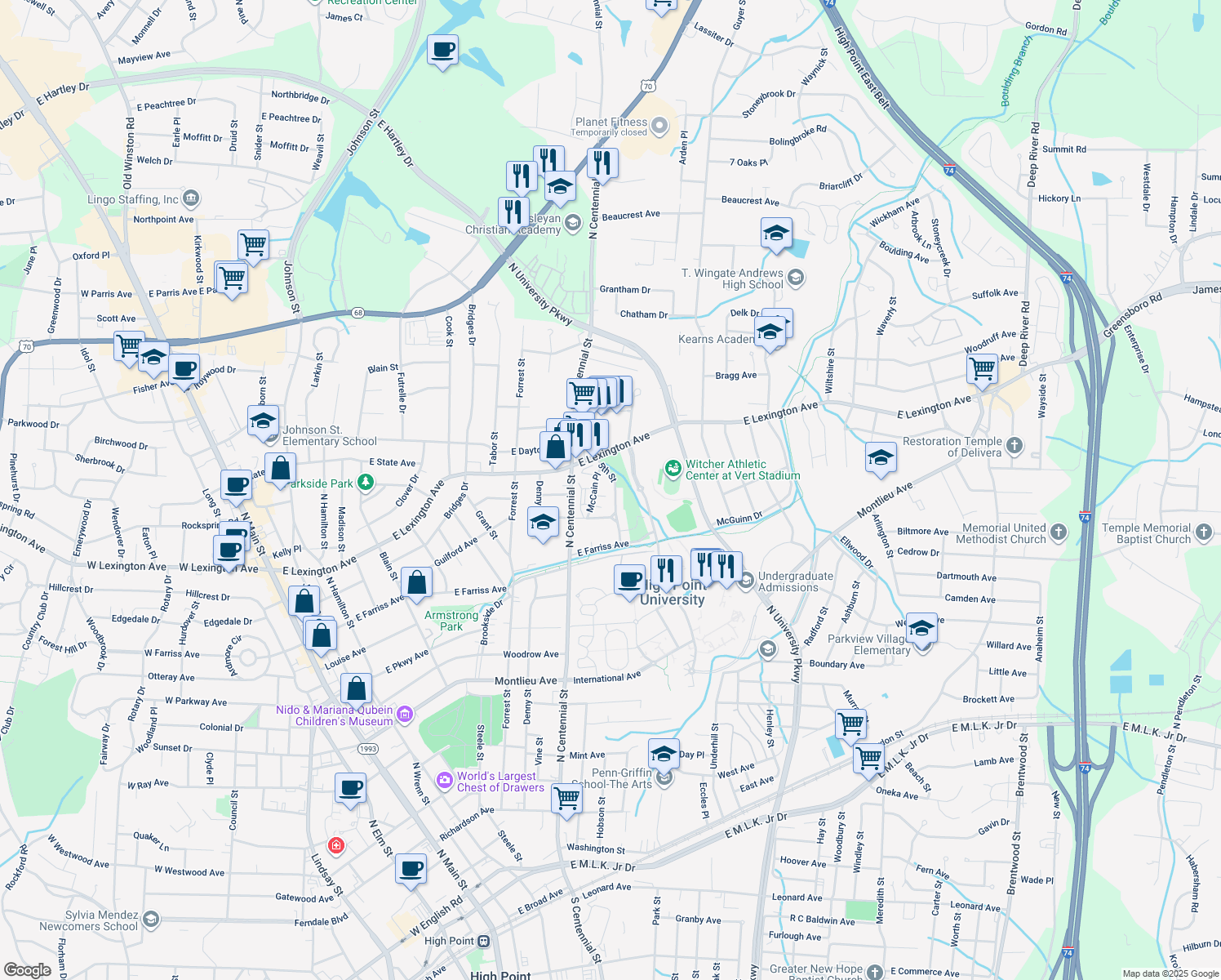 map of restaurants, bars, coffee shops, grocery stores, and more near 1211 5th Street in High Point