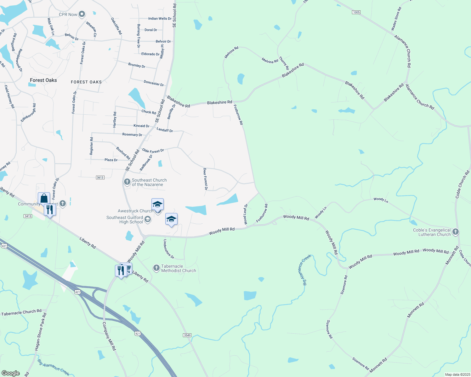 map of restaurants, bars, coffee shops, grocery stores, and more near 4994 Winding Ridge Drive in Greensboro