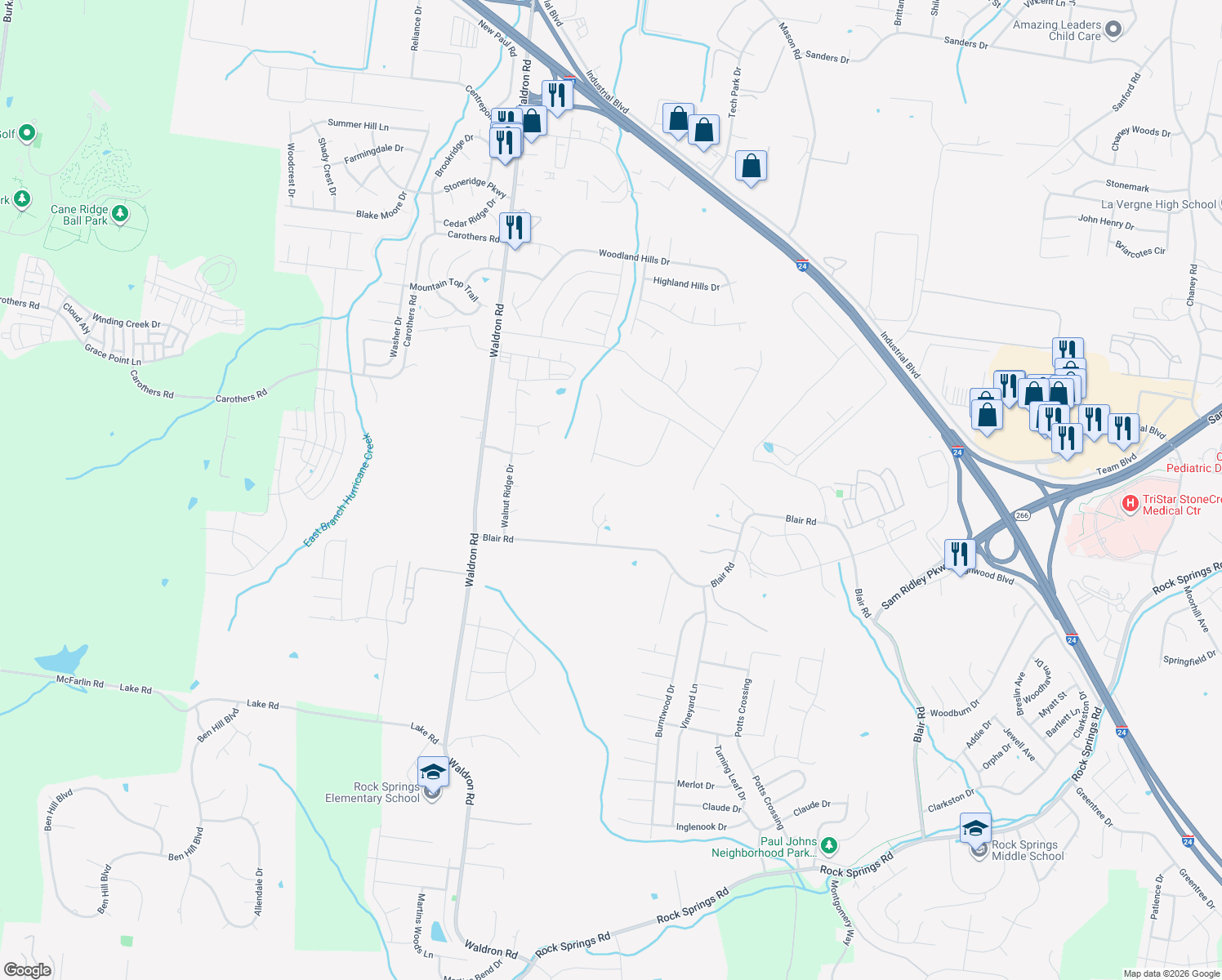 map of restaurants, bars, coffee shops, grocery stores, and more near 177 Blair Road in La Vergne