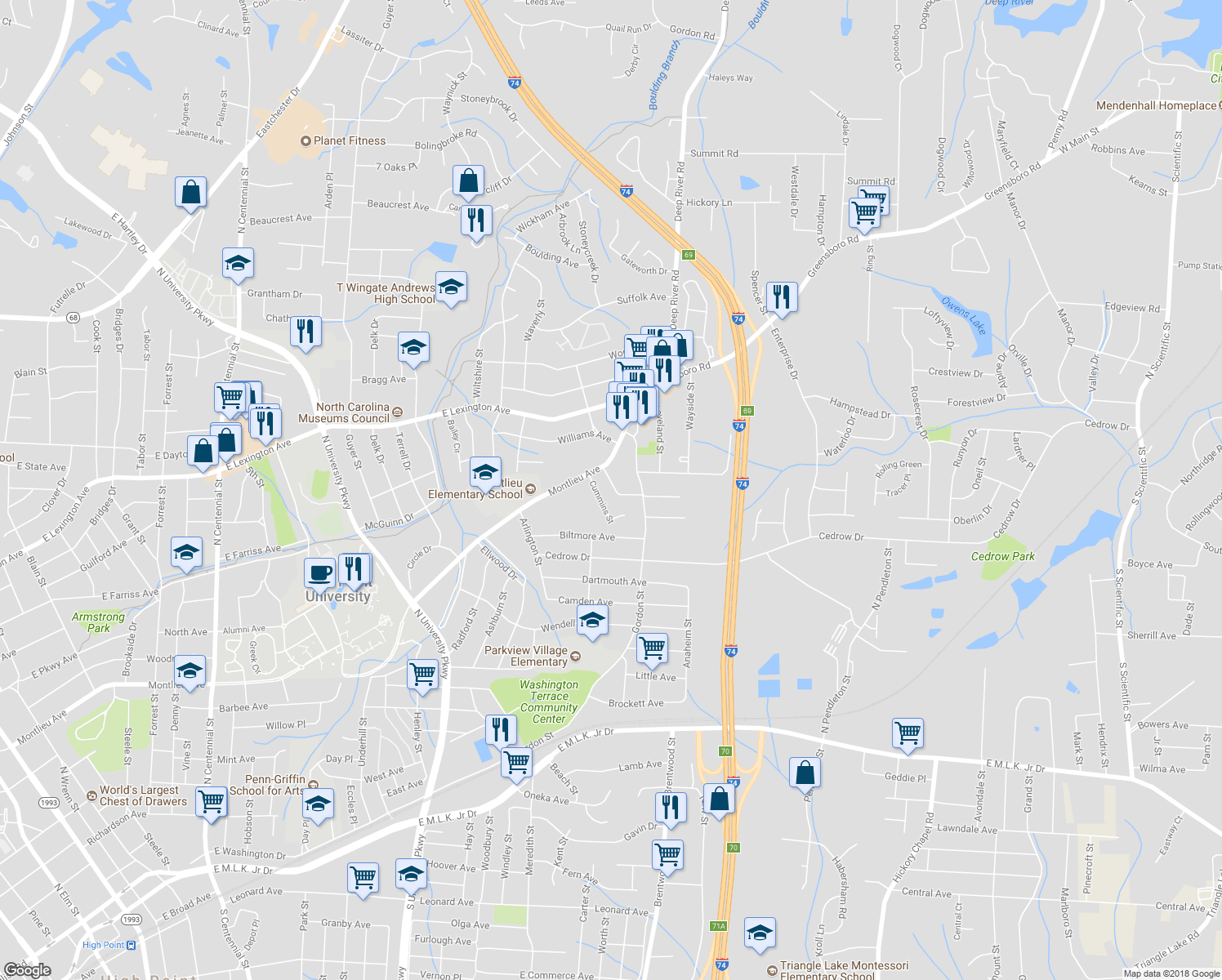 map of restaurants, bars, coffee shops, grocery stores, and more near 1214 Kimery Drive in High Point