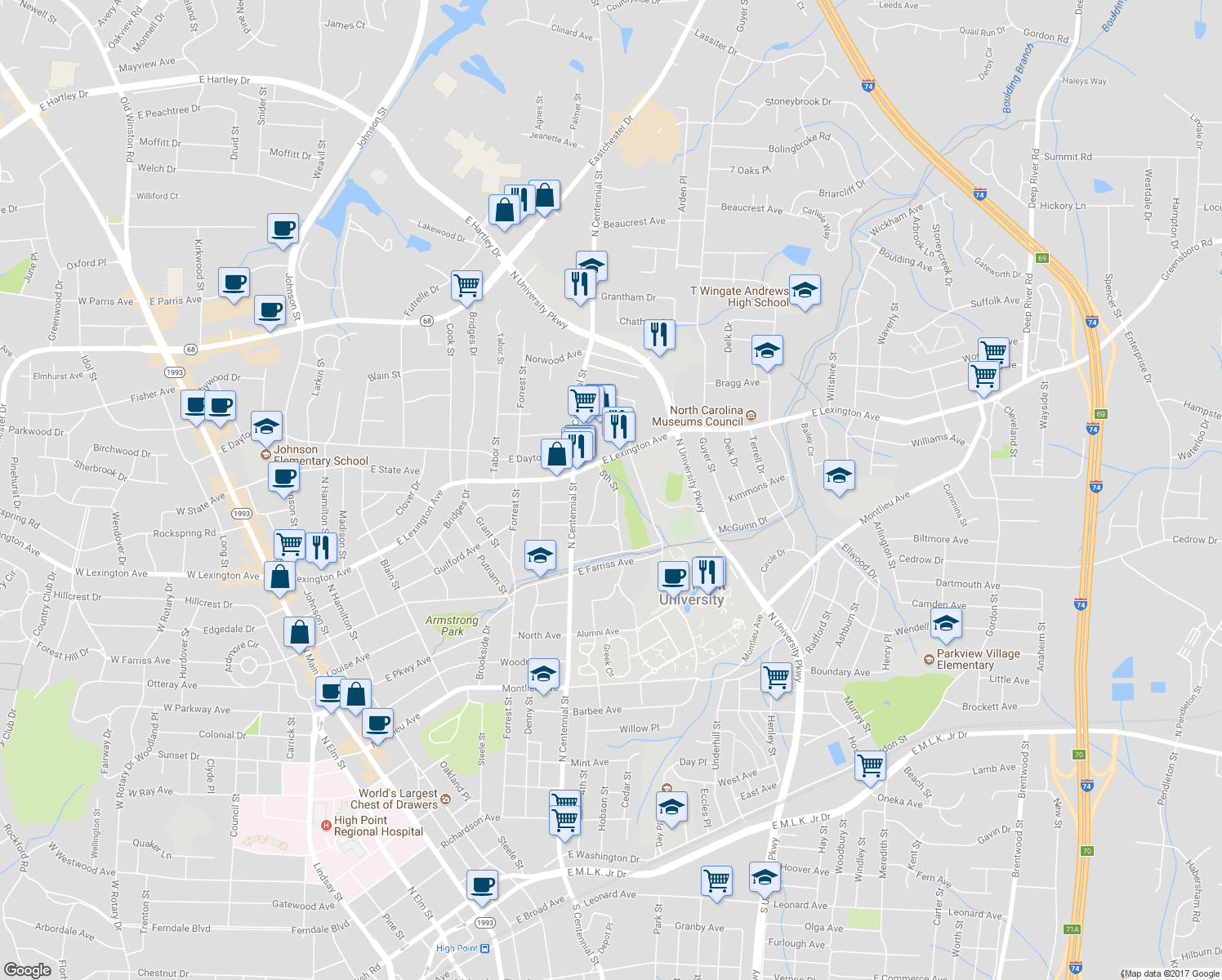 map of restaurants, bars, coffee shops, grocery stores, and more near 1215 5th Street in High Point