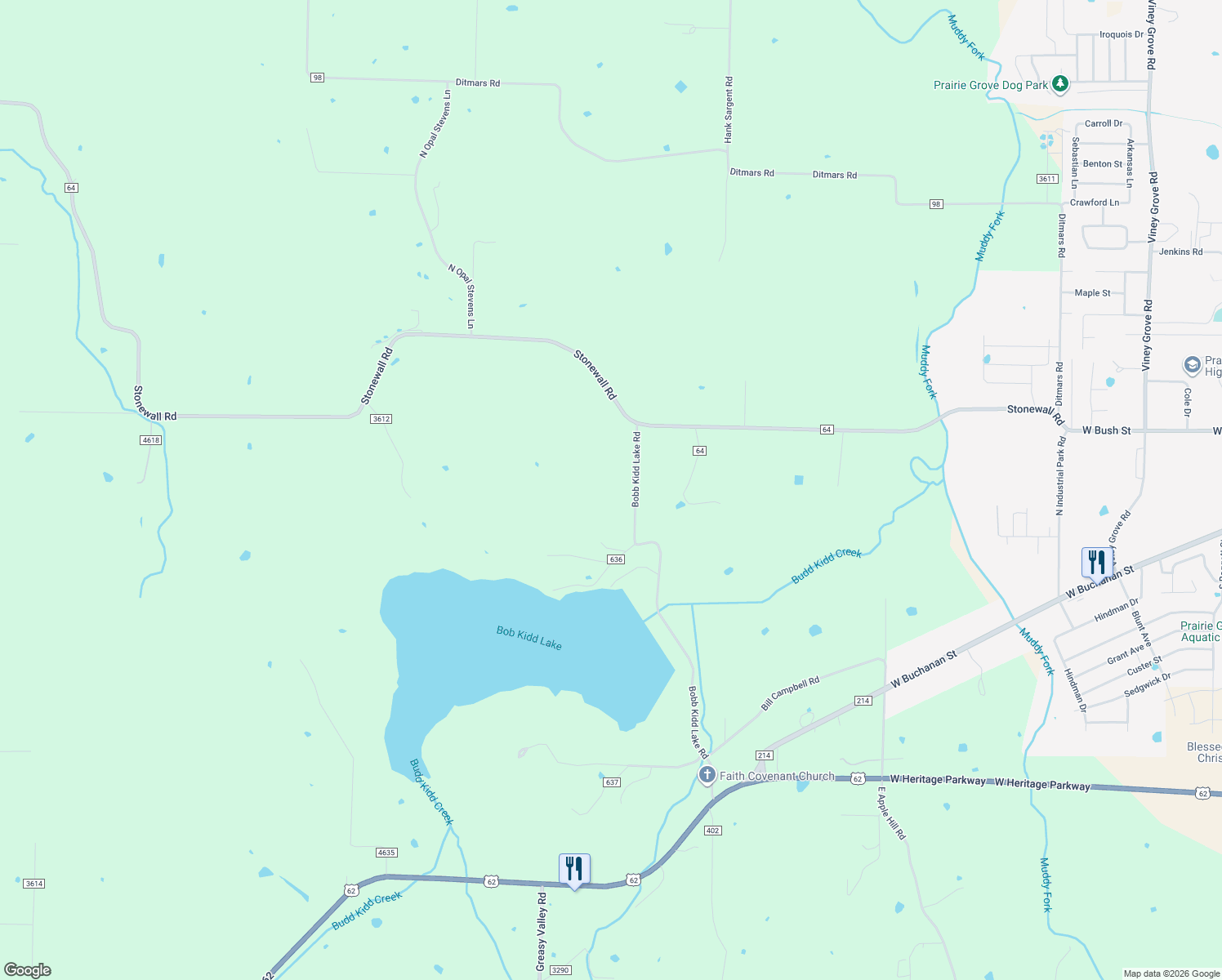 map of restaurants, bars, coffee shops, grocery stores, and more near 10541 Bobb Kidd Lake Road in Prairie Grove