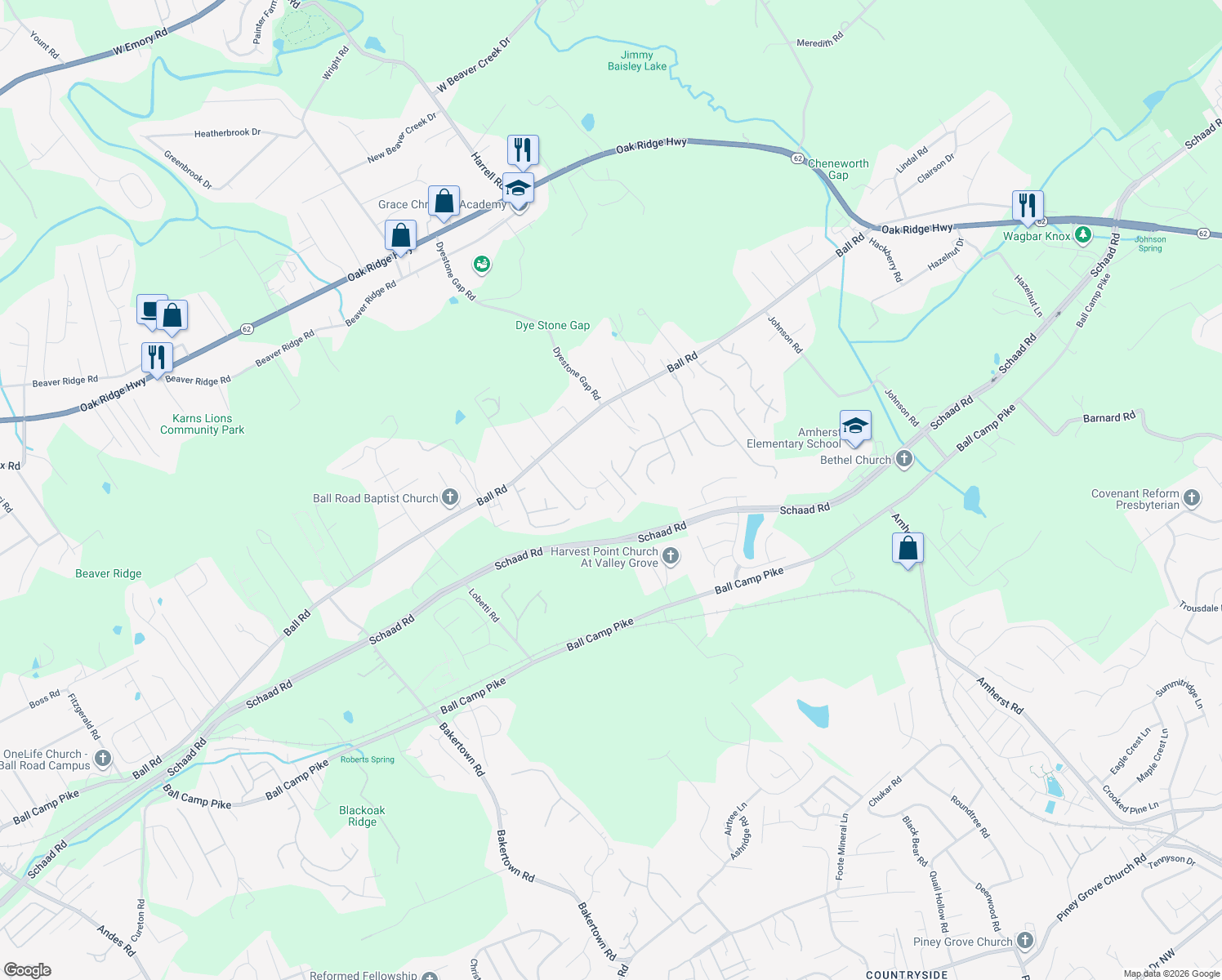 map of restaurants, bars, coffee shops, grocery stores, and more near 3139 Champions Trail Lane in Knoxville