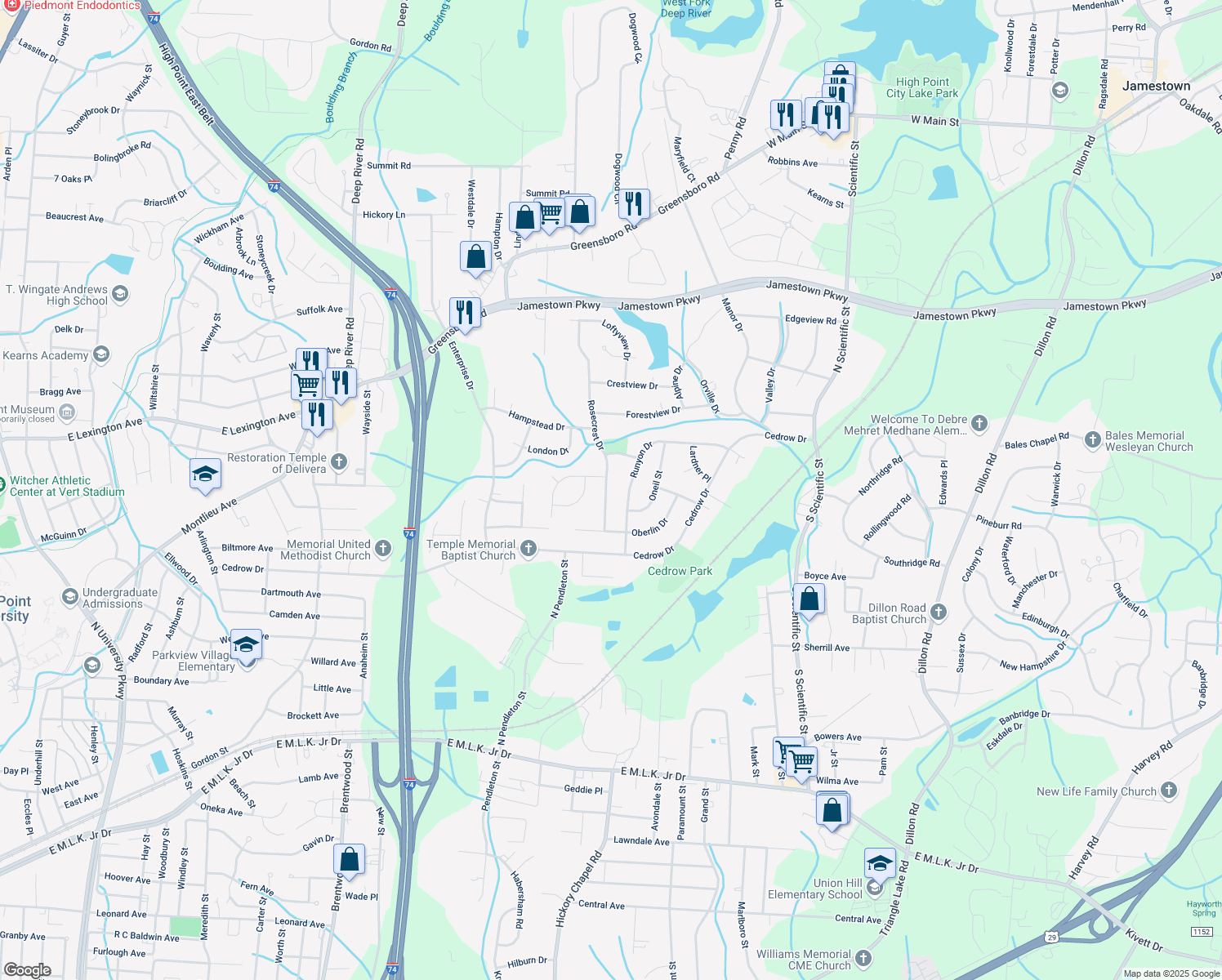 map of restaurants, bars, coffee shops, grocery stores, and more near 602 Rosecrest Drive in High Point