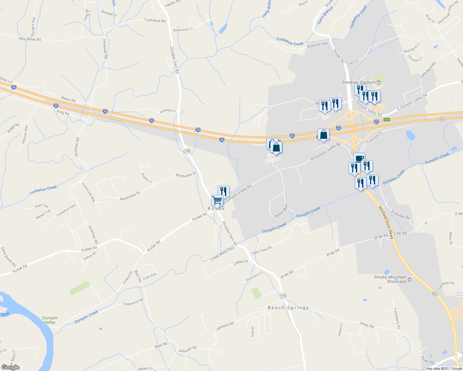 map of restaurants, bars, coffee shops, grocery stores, and more near 346 West Dumplin Valley Road in Kodak