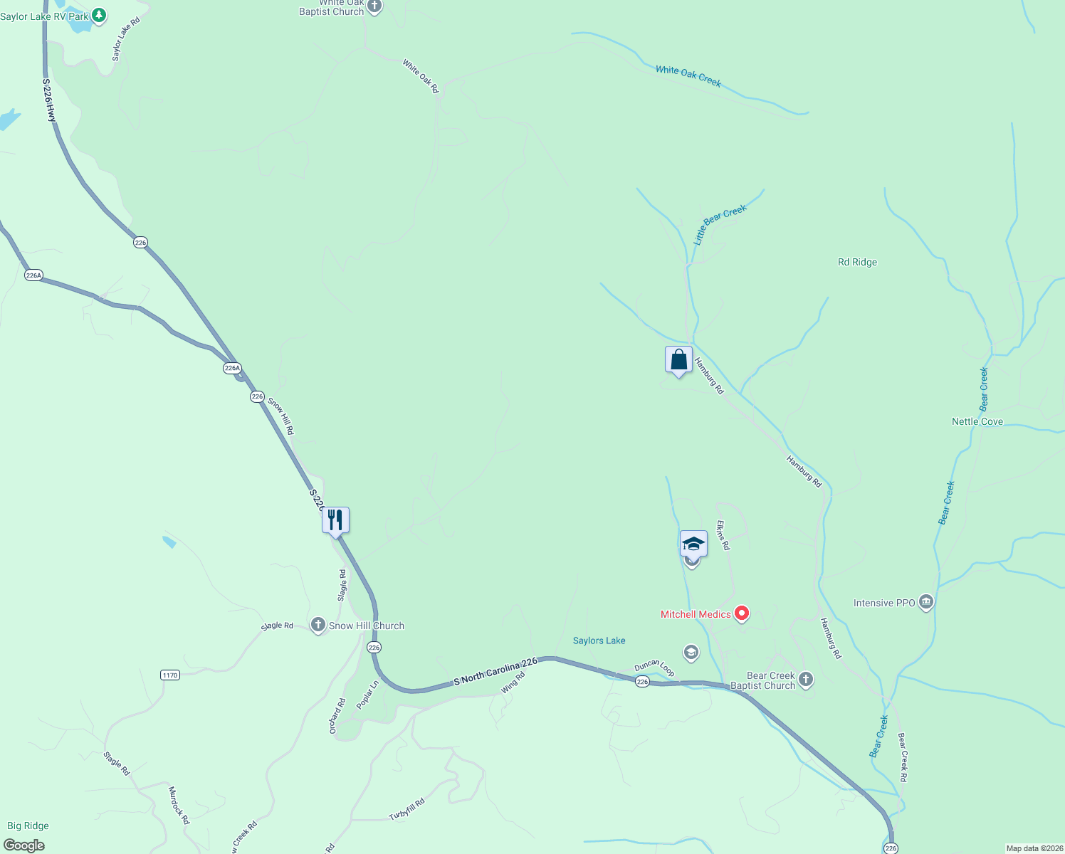 map of restaurants, bars, coffee shops, grocery stores, and more near 626 Wilson Road in Bakersville