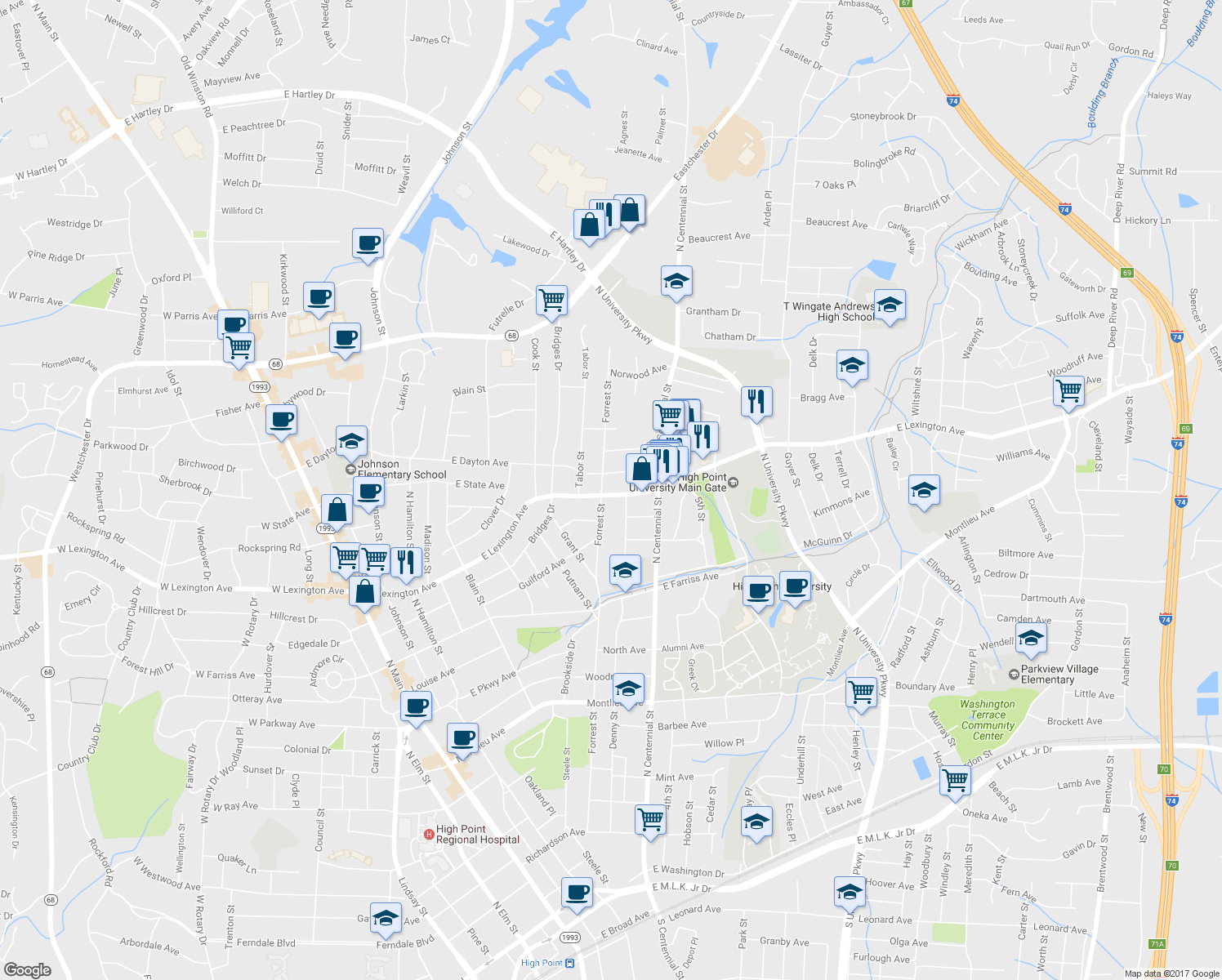map of restaurants, bars, coffee shops, grocery stores, and more near 905 East Lexington Avenue in High Point