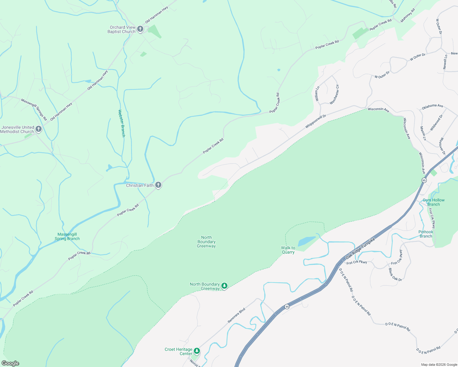 map of restaurants, bars, coffee shops, grocery stores, and more near 213 Whippoorwill Drive in Oak Ridge